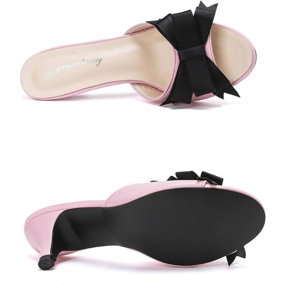 ⚡Women's Pink Kitten Low Heels Mules Sandals Cute Bowknot Open Toe Slip On - Picture 6 of 9